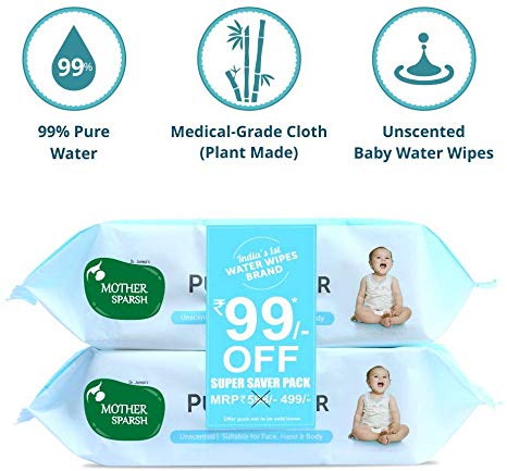 Mother Sparsh 99% Water Wipes (72 Unscented Baby Wipes, Pack of 2 - Super Saver Pack) - Super Thick Fabric