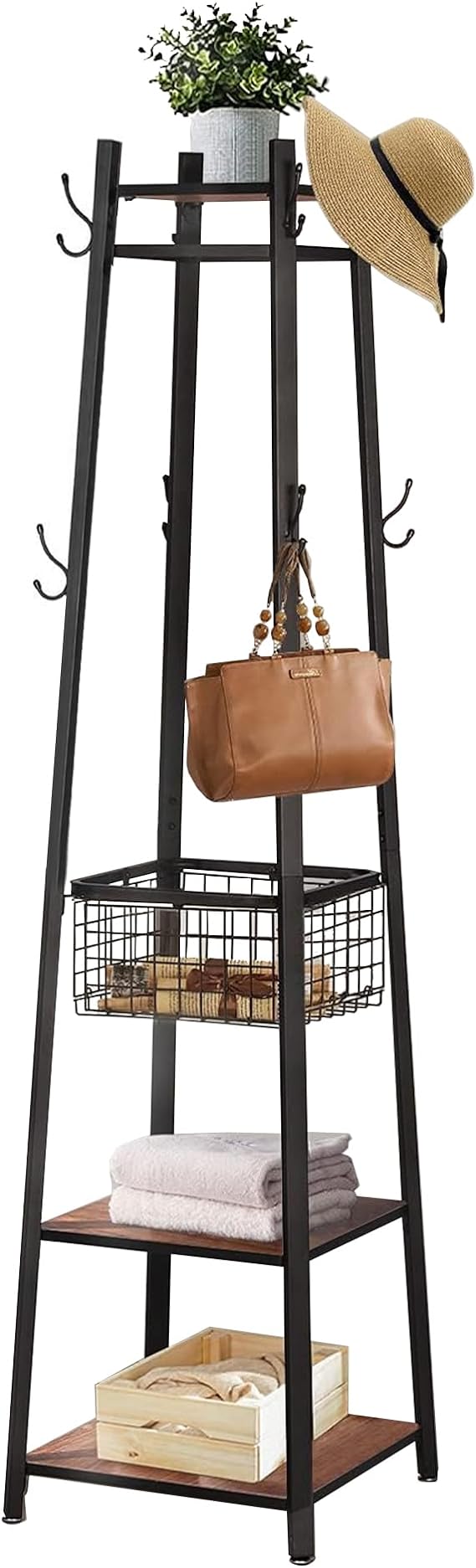 VECELO Coat Rack Freestanding,Hall Tree with Metal Basket and Storage Shelves,Industrial Coat Stand with 8 Hooks for Hanging Coats/Hats/Bags/Umbrellas,18 x 18 x 72 In,Antique Brown