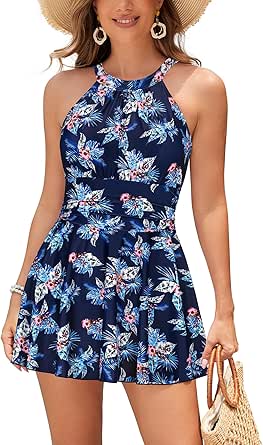 SHEKINI Womens Elegant One Piece Swimdress High Neck Swim Dress Ruched Swim Skirt