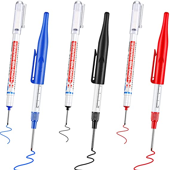 Multi-Purpose Deep Hole Marker Pens Deep Drill Hole Long Nib Marker Waterproof Deep Hole Marker Pens Colorful Carpenter Pen for Bathroom Woodworking, Red Black Blue (20 mm,30 mm, Simple Style)