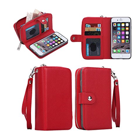 iPhone SE Case, GoldCherryiPhone 5S Wallet Purse Case Removal Leather Zipper Case with credit card slots Cover For Apple iphone 5SE 5 5s (Red)