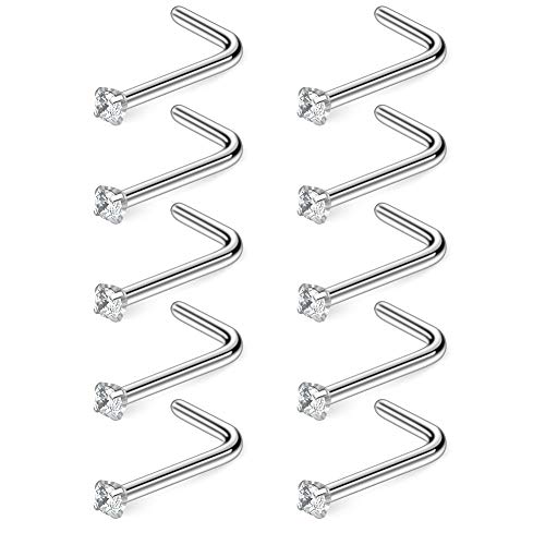 Ruifan 10PCS 18G Surgical Steel Mix Color Diamond CZ Nose Stud Rings L Shaped Piercing Jewelry 1.5mm 2mm 2.5mm 3mm