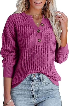 Dokotoo Womens Sweaters 2024 Casual Long Sleeve V Neck Textured Button Fall Sweater Loose Fit Pullover Jumper Tops