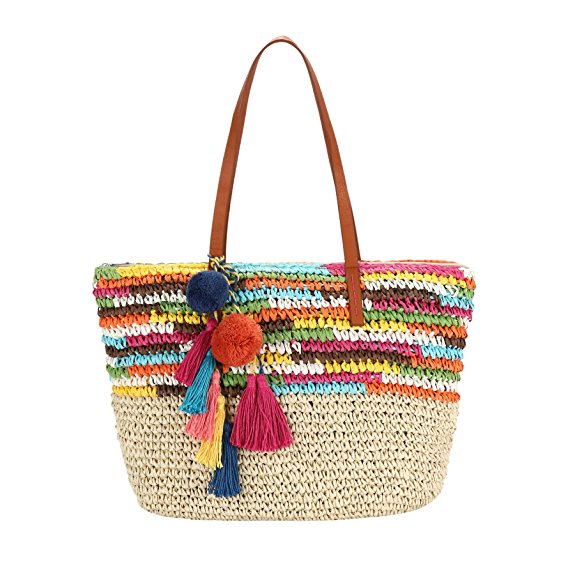 Large Summer Beach Bag with inner pouch By Daisy Rose| Summer Beach Tote With Vegan Leather Handles, Pom Poms & Tassels