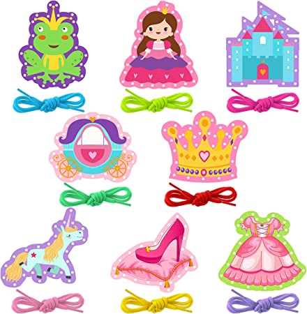 Zonon 8 Pieces Kids Lacing Cards Sewing Cards in 8 Patterns Lacing Games for Developing Imagination Education Supplies Children Sewing Game Favors (Princess, Castle Style)