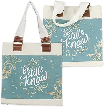 Christian Art Gifts Blue Canvas Tote Bag, Be Still and Know Psalm 46:10, Magnetic Closure Heavy Cotton Canvas Lined Handbag for Women, Be Still Coastal Collection