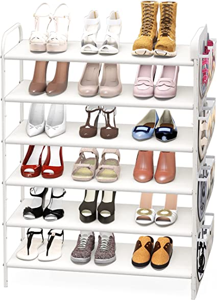 Simple Houseware 6-Tier Shoe Rack Storage Organizer w/ Side Hanging Bag, White