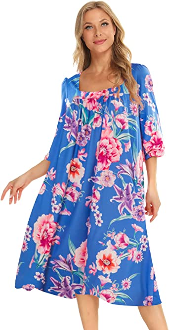 Bloggerlove Nightgown for Women Moomoo House Dress Print Duster Housecoat with Pockets Half Sleeve Patio Dress S-XXL