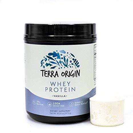 Terra Origin, 100% Grass-Fed, Whey Protein Powder, Vanilla, 15 Servings, Isolate and Concentrate Blend, Repair and Build Muscle, 24g Protein