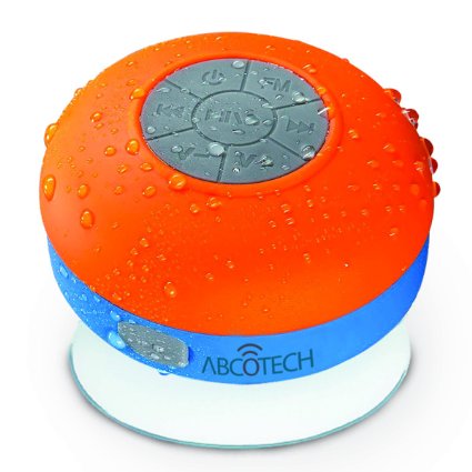 Abco Tech Water Resistant Wireless FM Radio Bluetooth Shower Speaker with Suction Cup and Hands-Free Speakerphone, Orange/Blue