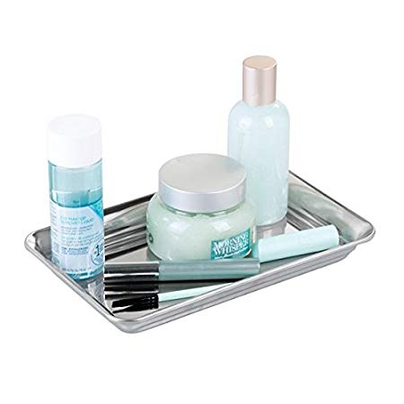mDesign Metal Storage Organizer Tray for Bathroom Vanity Countertops, Closets and Dressers - Holder for Watches, Earrings, Makeup Brushes, Reading Glasses, Perfume - Polished Stainless Steel