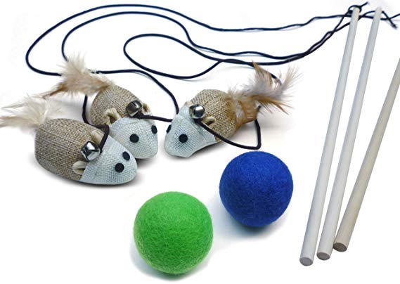 3 Cat Kitten Teaser Wand Toys, Plus 2 Wool Felt Ball Toys, Sisal with Mouse, Bell, Feather, Elastic String, and Sturdy Wood Rod, Interactive Fun, Cat Catcher Mice, Ball Colors May Vary