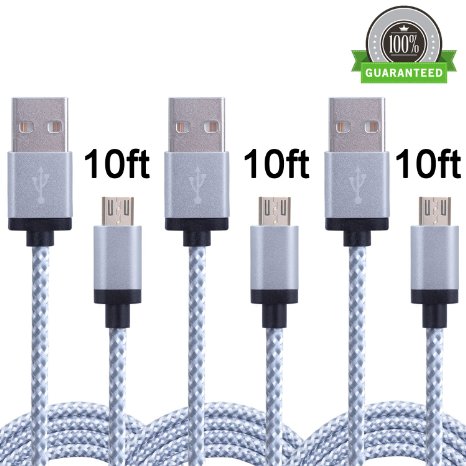 Amoner 3Pack 10ft Nylon Braided High Speed USB 2.0 A Male to Micro USB Male Cable, Data Sync Cable Cord For Android, Samsung, HTC, Motorola, Blackberry Smartphones, Tablets,1 Year Warranty