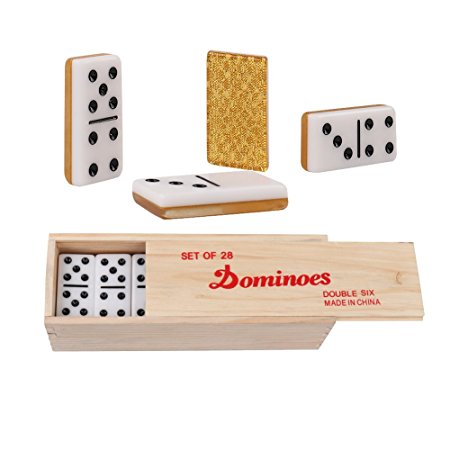 Double 6 Dominoes Set Table Games- Sets of 28 Black Dot Acrylic Tiles Gold - White Two-toned Dominos With Convenient Wooden Case For Kids and Adults In Home Company or School(2-4 Players)