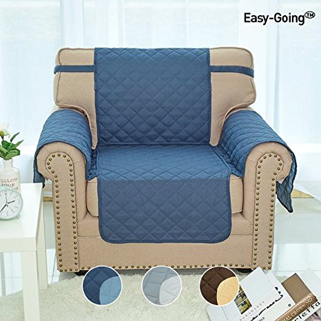 Sofa Covers, Slipcovers, Reversible Quilted Furniture Protector, Improved Anti-Slip Cover with Elastic Strap and Foam, Micro Fabric Couch Shield, Pet Cover by Easy-Going (Chair, Dark Blue/Light Blue)