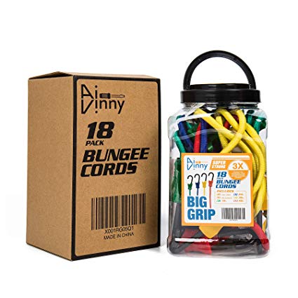 18 Piece Heavy Duty Bungee Cords with Hooks - Includes 10",18",36",48"Bungee Cords and 2 Steel Rings Plastic Coated Steel Hooks Ties Down Tarps 50/50 Latex & Rubber for Extreme Strength(176 to 220lb)