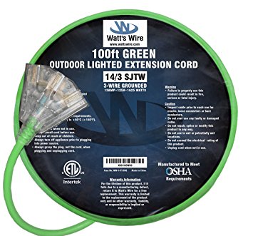 100 ft 14 Gauge Heavy Duty Indoor Outdoor SJTW Lighted Triple Outlet Extension Cord by Watts Wire - Green 100 foot 14 AWG Copper Lighted Multi Outlet Grounded 14/3 Extension Cord