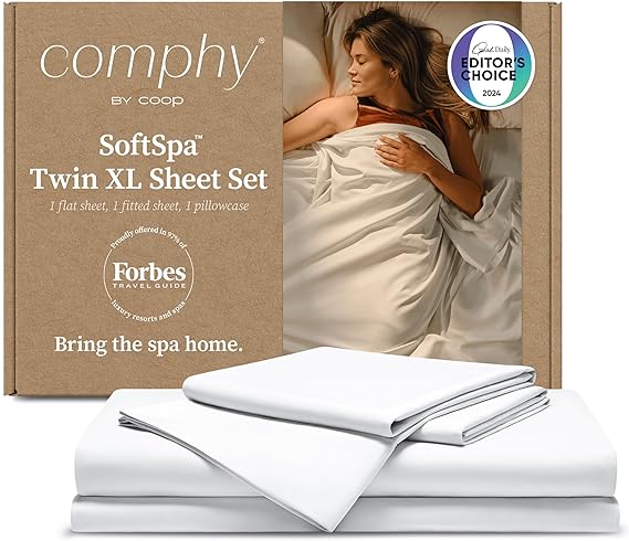 Comphy by Coop SoftSpa Bed Sheet Set of 3 Pieces, White Twin XL, Super Soft Twin XL Sheets Bed Set, Flat and Fitted, Luxury Spa and Hotel Quality Bed Sheets and Pillowcase Set