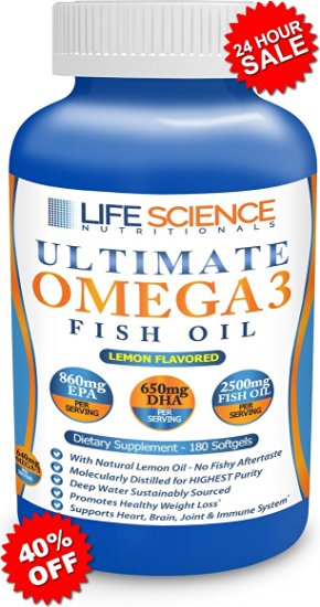 Wild Caught Omega 3 Fish Oil (180 Softgels) Triple Strength 2500mg / 860mg EPA / 650mg DHA Burpless Non-GMO Verified Sustainably Sourced Natural Supplement Pills