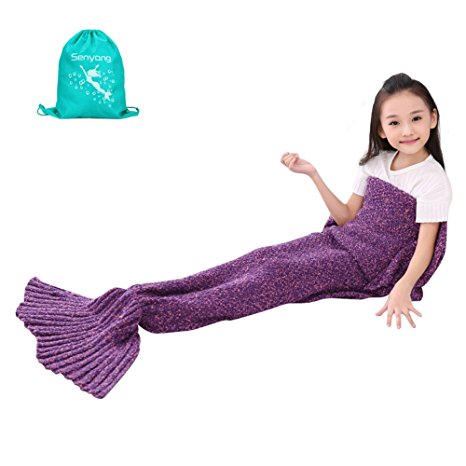 Girls Knitted Crochet Mermaid Tail Blanket ，All Seasons Soft and Warm Sleeping Bag Blanket in Sofa Bed Living Room for Kids (Kid Thick Purple)