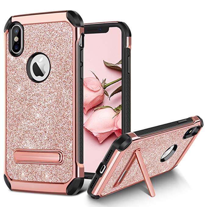 iPhone X Case, iPhone Xs 2018 Glitter Case, BENTOBEN Bling Slim Hybrid 2 in 1 TPU Bumper Hard PC Cover Coat Sparkly Shiny Cute Faux Leather with Metal Kickstand for iPhone X/iPhone Xs 2018,Rose Gold