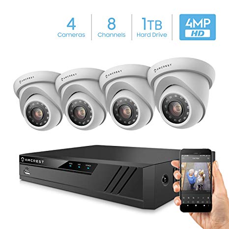 Amcrest UltraHD 4-Megapixel 8CH Video Security System with Four 4.0MP Outdoor IP67 Dome Cameras, 98ft Night Vision, 100° Viewing Angle, Pre-Installed 1TB Hard Drive, (AMDV40M4-4D-W) White