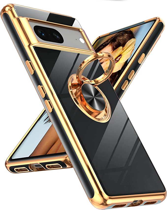 LeYi for Pixel 7 Case, Google Pixel 7 Case 360°Rotatable Ring Holder Magnetic Kickstand Soft Silicone Plating Rose Gold Edge Shockproof Protective Case for Google Pixel 7 (2022), Black