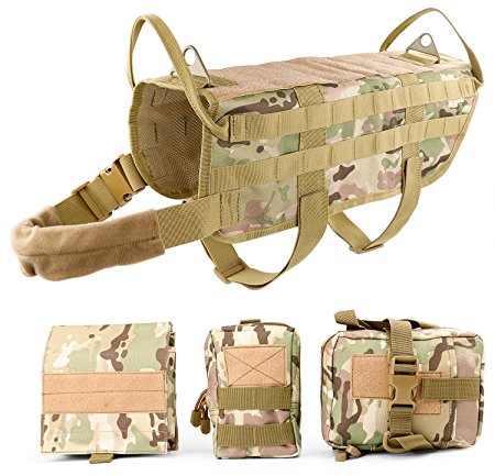 Tactical Dog Training Molle Vest Harness, WHIPPY Pet Vest with Detachable Pouches