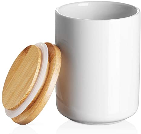 DOWAN Ceramic Kitchen Canister Food Storage Jars with Bamboo Lid - 14 FL OZ (400 ML) White Kitchen Storage Canisters, Utensil Crock for Sugar, Tea, Spices, Coffee Container, 3.93 x 3.15 inches