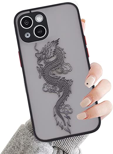 Ownest Compatible with iPhone 13 Case for Clear Animal Dragon Cartoon Pattern Frosted PC Back 3D and Soft TPU Silicone Shockproof Protective Case for iPhone 13-Black-Y