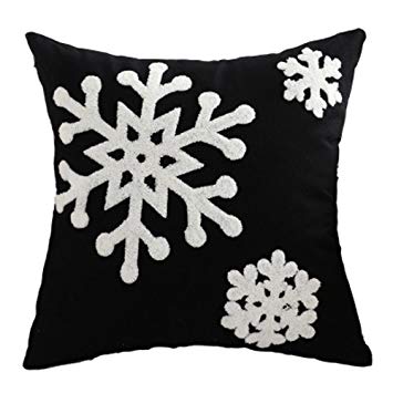 LEHOUR Soft Square Christmas Snowflake Home Decorative Canvas Cotton Embroidery Throw Pillow Covers 18x18 Cushion Covers Pillowcases for Sofa Bed Chair(1Pcs, Black)