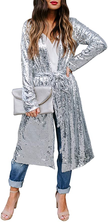 Womens Sparkly Sequins Cover Ups Long Sleeve Slim Fit Open Front Cardigan Coat with Belt
