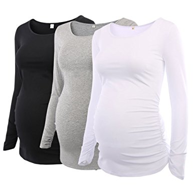 Pack of 3pcs Women's Motherhood Maternity Tunic Tops Flattering Side Ruching Long Sleeve Scoop Neck Pregnancy T-shirt