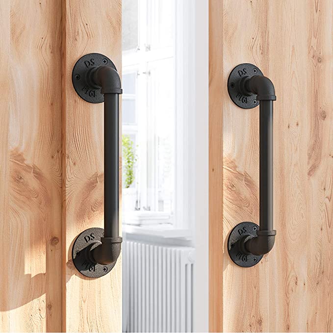 SMARTSTANDARD 11 Inch Pipe Barn Door Pull Handle, Industrial Rustic Black Stair Handrail, Grab Bar for Sliding Door, Gate, Garage, Pack of 2