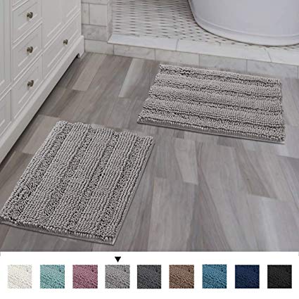 Extra Thick Striped Bath Rugs for Bathroom - (Set of 2) Anti-Slip Bath Mats Soft Plush Chenille Yarn Shaggy Mat Living Room Bedroom Mat Floor Water Absorbent (Dove, 17 x 24 Plus 17 x 24 - Inches)