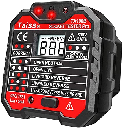 Socket Tester with GFCI Check. Receptacle Tester for Standard AC Outlets. Automatic Electric Circuit Polarity Voltage Detector Breaker Finder,Includes 7 Visual Indications and Wiring Legend TA106B