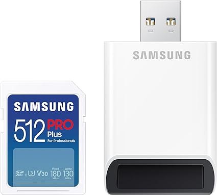 SAMSUNG PRO Plus Full Size 512GB SDXC Memory Card   Reader, Up to 180 MB/s Reads/Writes, Full HD & 4K UHD, UHS-I, C10, U3, V30 for DSLR, Mirrorless Cameras, PCs, MB-SD512SB/AM, 2023