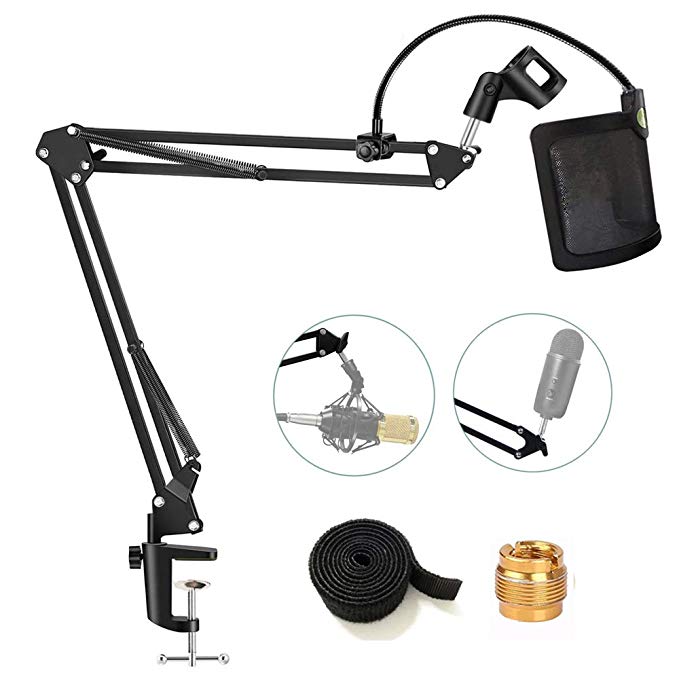Etubby [Heavy Duty] Microphone Stand with Dual Layered U-shaped Mic Pop Filter, Suspension Boom Scissor Arm Stand Mic Clip Holder for Blue Yeti, Snowball & Other Mic in Recording, Broadcasting, Etc.