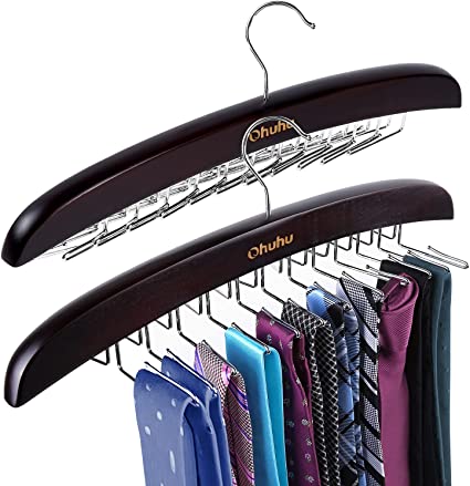 Tie Organizer, Ohuhu 24 Tie Hanger Rack, Tie Holder for Closet, Wooden Closet Organizer for Man's Tie and Belt, Woman's Scarves, Clothing and Accessories, 2 Pack Walnut