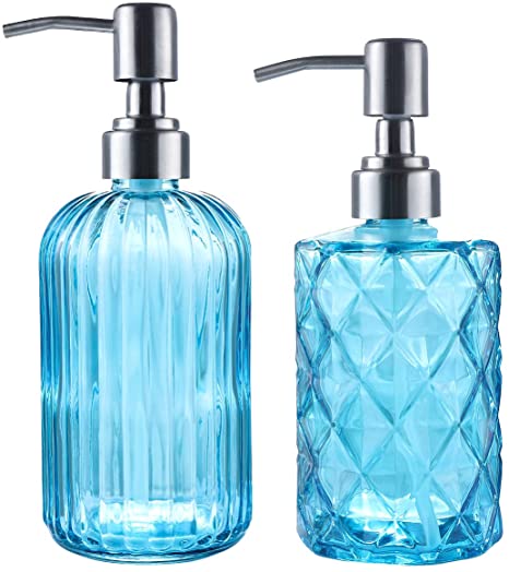 vplus 2 Pack Hand Soap Dispenser 15 Oz Vertical Stripes and 12 Oz Diamond Design Glass Soap Dispenser with 304 Rust Proof Stainless Steel Pump, Bathroom Soap Dispenser for Soap, Lotion(Blue)