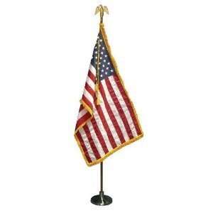7 FT Presidential Deluxe U.S. Indoor Flag Pole Set With Flag Spreader, 3x5 FT Gold Fringed Windstrong Flag, Eagle, Gold Base, Premium Oak Pole and Tassel