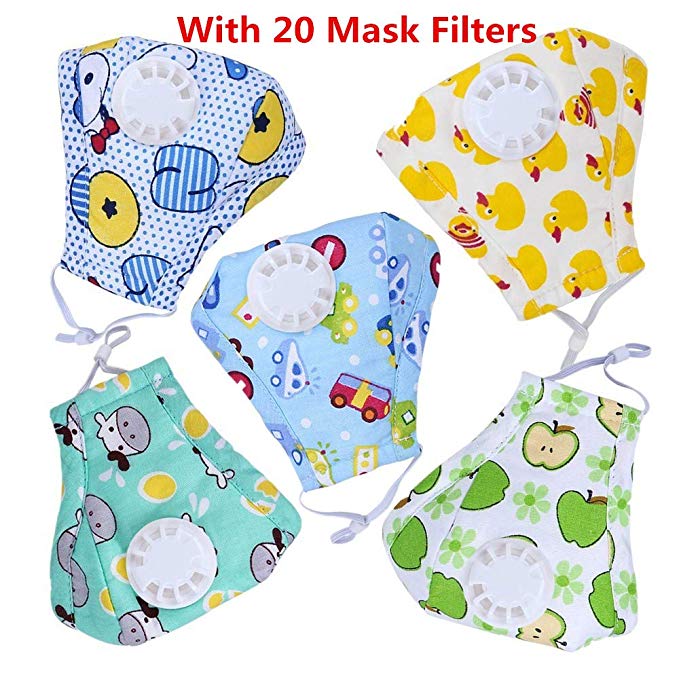 HOLIIBN Kids Anti Pollution Respirator Dust Mask with Exhaust Valve   20 N95, Air, Dust, Smoke Filters - Cotton Washable PM2.5 Half Face Mask with Adjustable Straps & Nose Bridge.