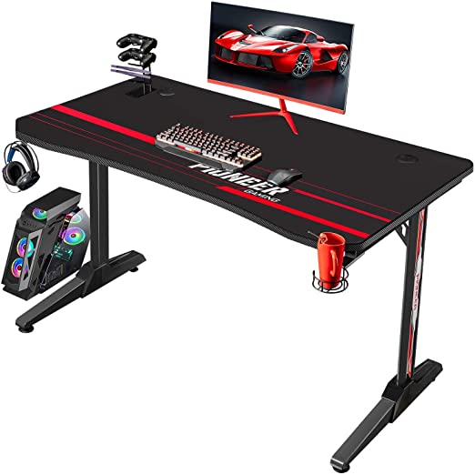 Flamaker Gaming Desk 44 Inch Gaming Table Computer Desk PC Gamer Table T Shape Game Station with Large Carbon Fiber Surface, Cup Holder & Headphone (Light Black)