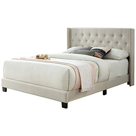 Rhomtree Queen Size Upholstered Platform Bed Frame Tufted Fabric Bed with Nailhead Wingback Headboard Bedroom Furniture (Beige)