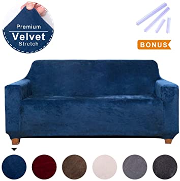 ACOMOPACK Premium Velvet Loveseat Cover, High-Stretch Velvet Stretch Couch Cover Loveseat Couch Slipcovers for 2 Cushion Couch, Loveseat Cover Protector with Side Pocket (Navy Blue)