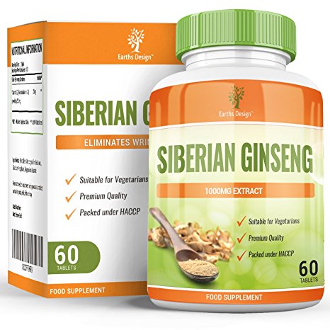 Siberian Ginseng - 1000mg Ginseng Extract - Maximum Strength Supplement for Men & Women - Suitable for Vegetarians - 60 Capsules (2 Months Supply) by Earths Design