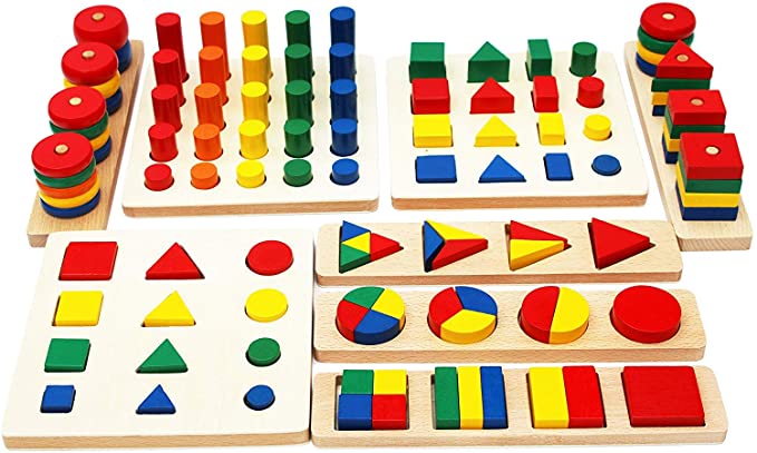 Wooden Geometric Shapes and Fractions Boards – Wooden Shape sorter Toy and Wooden Stacking Game 8 Sets in One - Educational Toys Suitable for Montessori Learning