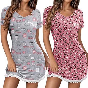 Ekouaer Women's 2 Pack Nightgown Sleepwear Short Sleeve Sleepshirt Soft Night Shirts S-2XL