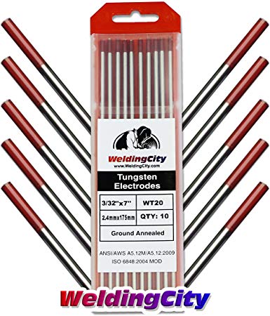 WeldingCity 10-pk Premium TIG Welding Tungsten Electrode Rod 2.0% Thoriated (Red, EWTh20) 3/32" x 7" | 10-pcs