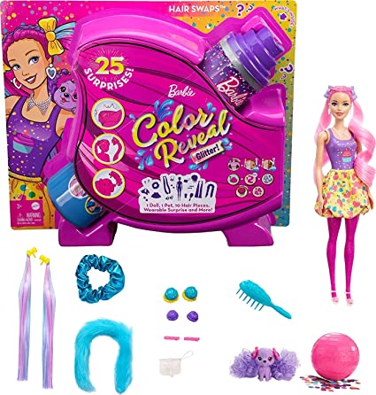 Barbie Color Reveal Glitter! Hair Swaps Doll, Glittery Pink with 25 Hairstyling & Party-Themed Surprises Including 10 Plug-in Hair Pieces, Gift for Kids 3 Years Old & Up